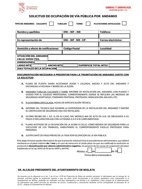 Solicitud De Ocupacin De Va Pblica Por Andamio Rellena Firma Y Env A