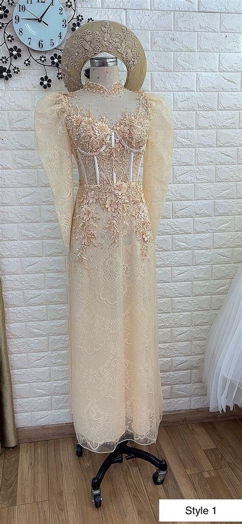 Nude Gold Vietnamese Wedding Ao Dai With Corset Bodice And Etsy Denmark