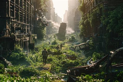 Postapocalyptic City With Overgrown Vegetation Crumbling Buildings