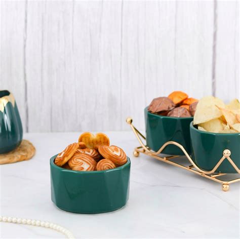 Ceramic Green Bowl Set With Metal Stand (set of 4)