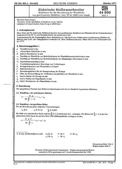 DIN 44899 5 1971 DE Elektrische Heißwasserbereiter Richtlinien für