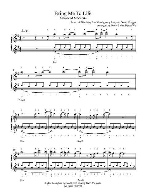 Bring Me To Life By Evanescence Piano Sheet Music Advanced Level