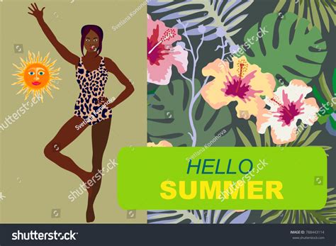 Hello Summer Card Black Girl Bikini Stock Vector Royalty Free 788443114