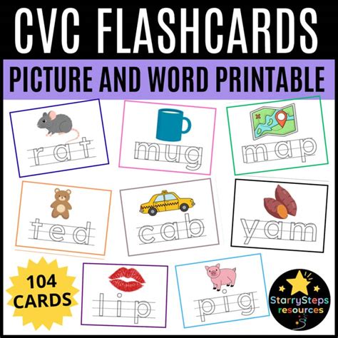 cvc word cards  pictures phonics practice flashcards  prep