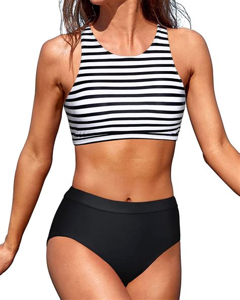 Tempt Me Black White Striped Women High Waisted Bikini Two Piece Swimsuits High Neck Crop Top