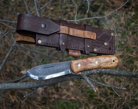 Hand Forged Bushcraft Knife With Stabilized Birch Handle And Leather