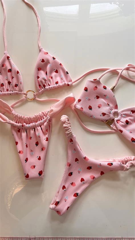 Handmade Reversible Strawberry Bikini Pink Ribbed Swimsuit Etsy