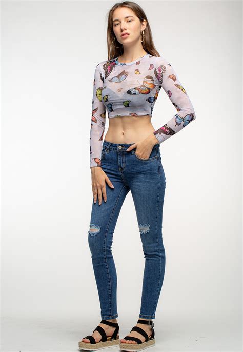 Mesh Butterfly Long Sleeve Crop Top Shop At Papaya Clothing