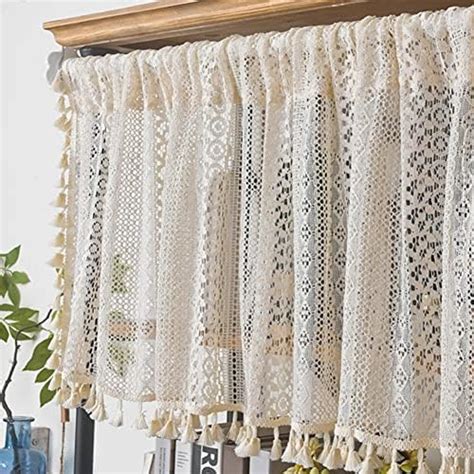 Amzali Curtain Tiers Lace Valance Window Topper Curtain With Tassels