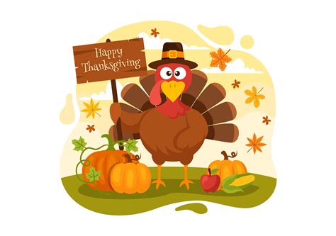 Happy Thanksgiving Day Vector Illustration with Turkey Bird, Pumpkin ...