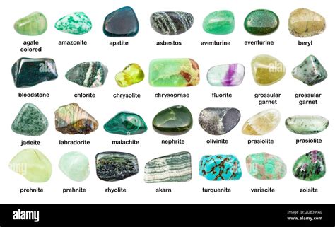 Collection Of Various Green Gemstones With Names Chlorite Malachite