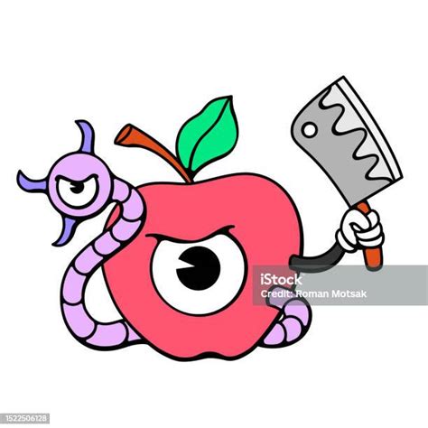 Oneeyed Apple Cartoon Character With Worm In Doodle Retro Design Stock