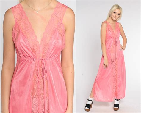 Bright Pink Nightgown S Sheer Floral Lace Slip Maxi Lingerie Dress Retro Empire Waist V Neck