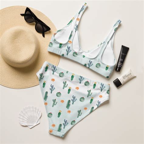 Watercolor Cactus Bikini Desert One Piece Swimsuit High Waisted Swimsuit Women S Swimwear