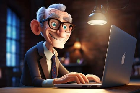 Smiling Mature Adult Business Man Executive Sitting At The Table And Using A Laptop Cartoon