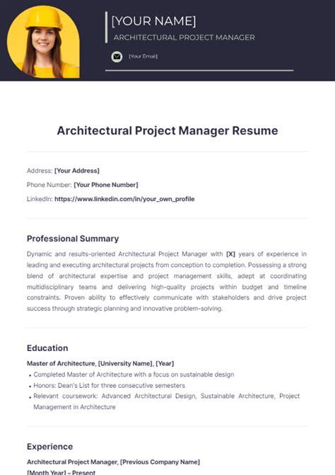 Free Architectural Project Manager Resume Template Edit Online And Download