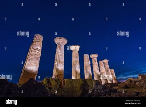 Temple Of Heracles At Nightfall Valley Of The Temples Sicily Stock