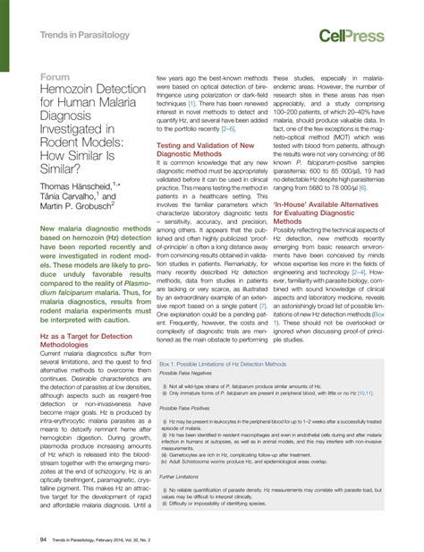 (PDF) Hemozoin Detection for Human Malaria Diagnosis Investigated in ...