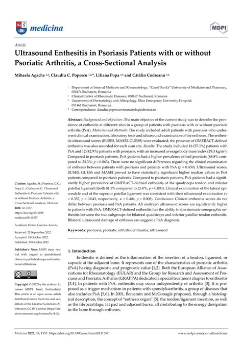 Pdf Ultrasound Enthesitis In Psoriasis Patients With Or Without Psoriatic Arthritis A Cross