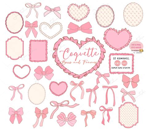 Pink Coquette Ribbon Bow And Frame Aesthetic Doodle Png Clipart Set