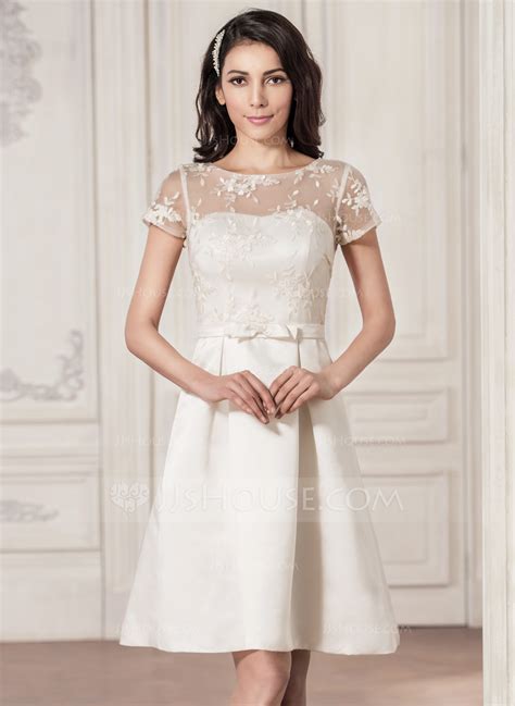 A Line Princess Scoop Neck Knee Length Satin Lace Wedding Dress With