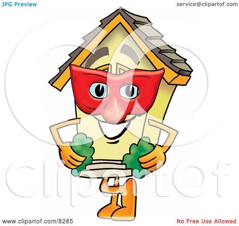 Clipart Picture Of A House Mascot Cartoon Character Wearing A Red Mask