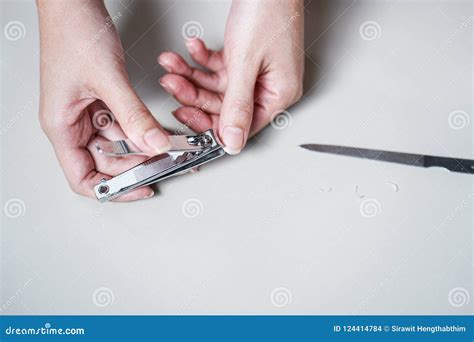 Closeup Woman Cutting Her Nails Stock Photo Image Of Clean Health