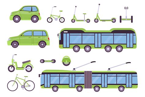 플랫 에코 수송 전기 버스 자동차 스쿠터 자전거 및 보드 도시의 스마트 생태 차량 환경 친화적인 타고 벡터 세트