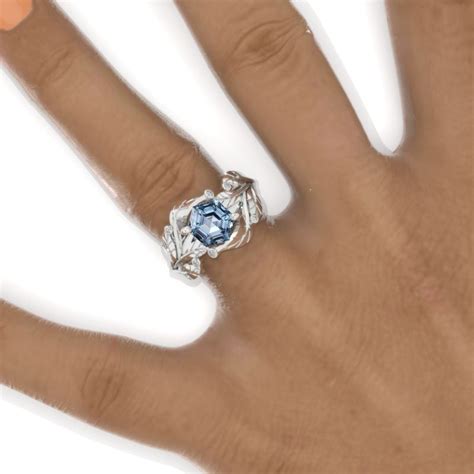 3 Carat Hexagon Genuine Aquamarine Floral 14k White Gold Engagement Ri