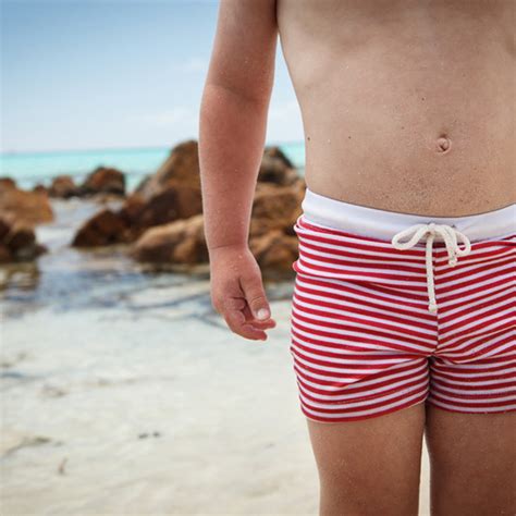 Boys Euro Style Swimming Trunks in Red Stripe - The Bathers Company