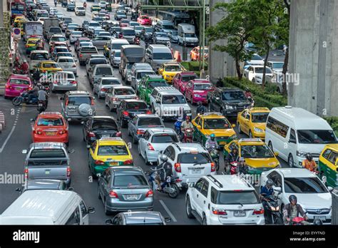 Rush Hour Traffic With Traffic Jam In The Inner City Of Bangkok