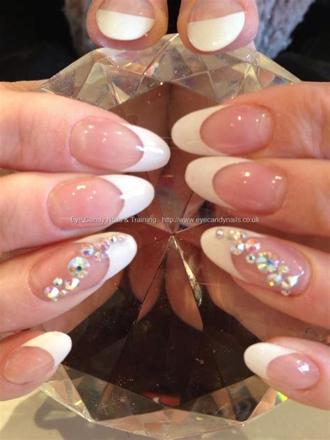 Acrylic Overlays With White Tips And Swarovski Crystal Ring Finger Nail