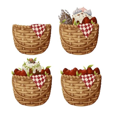 Premium Vector A Set Of Wicker Baskets With Red Eggs Easter Cake