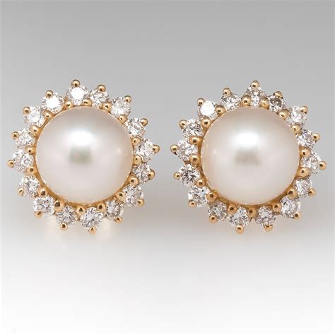 Pearl Diamond Stud Earrings 14K Yellow Gold Medium Size