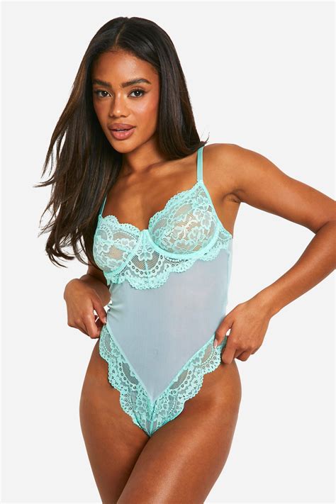Lingerie Lace And Mesh Panel Bodysuit Boohoo