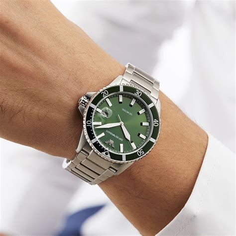 NEW EMPORIO ARMANI DIVER AR11338 STAINLESS STEEL SILVER GREEN TONE MENS ...
