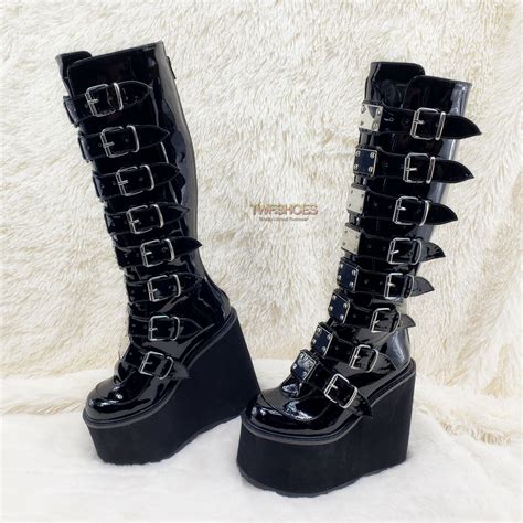 Pre Owned Demonia Swing 815 Black Patent Goth Punk Rave Knee Boot 5 5