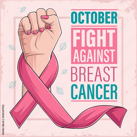 Breast Cancer Awareness Month Poster With Woman Hand And Pink Ribbon