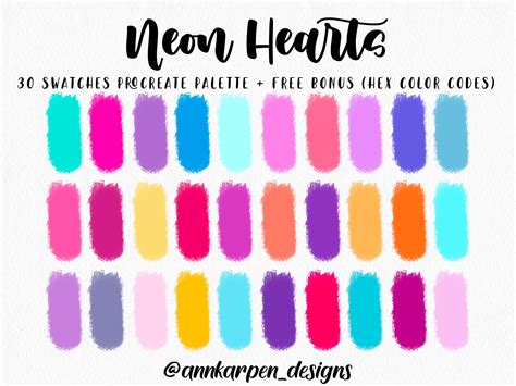 Neon Hearts Procreate Palette 30 Hex Color Codes Instant Digital Download Ipad Pro Comics Art