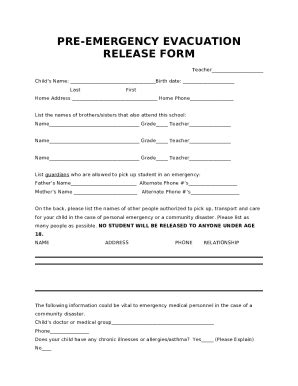 PRE EMERGENCY EVACUATION RELEASE Doc Template PdfFiller