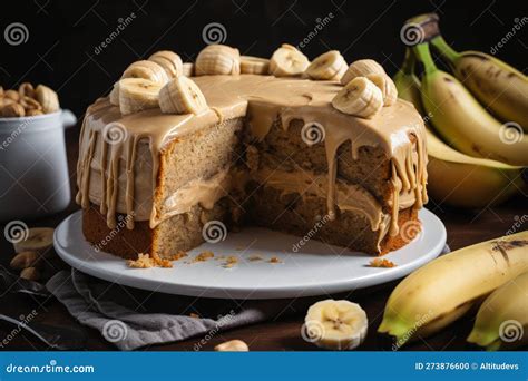 Banana Cake With Peanut Butter Frosting Topped With Sliced Bananas Stock Illustration