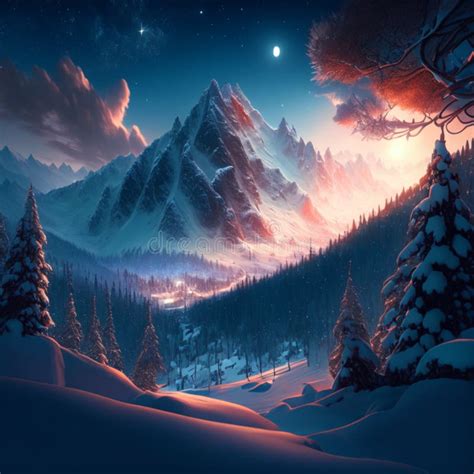 Fantasy Winter Landscape With Snowy Fir Trees And Mountains D