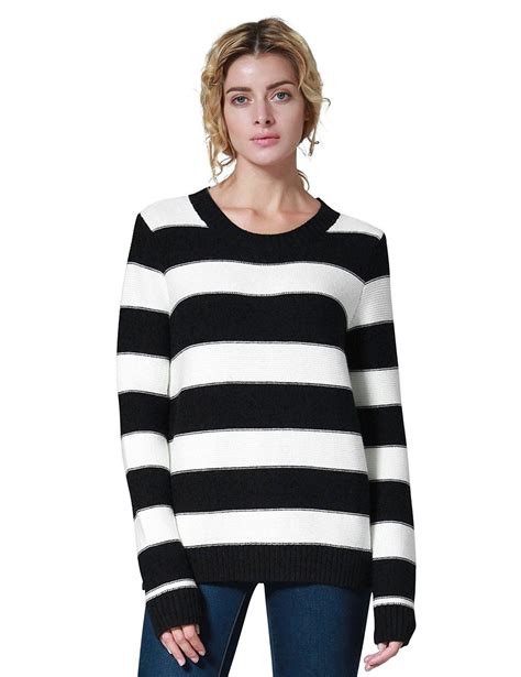 Womens Classical Crew Neck Stripe Knitting Pullover Sweater Black