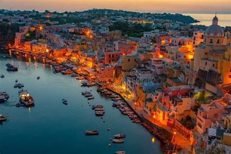 Sunset View Of Marina Di Corricella At Italian Island Procida Stock