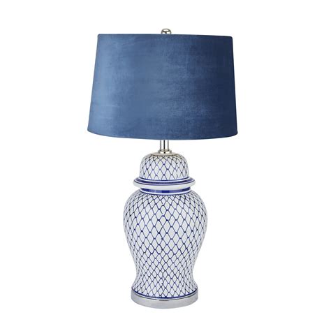 Malabar Blue And White Ceramic Lamp With Blue Velvet Shade Wholesale