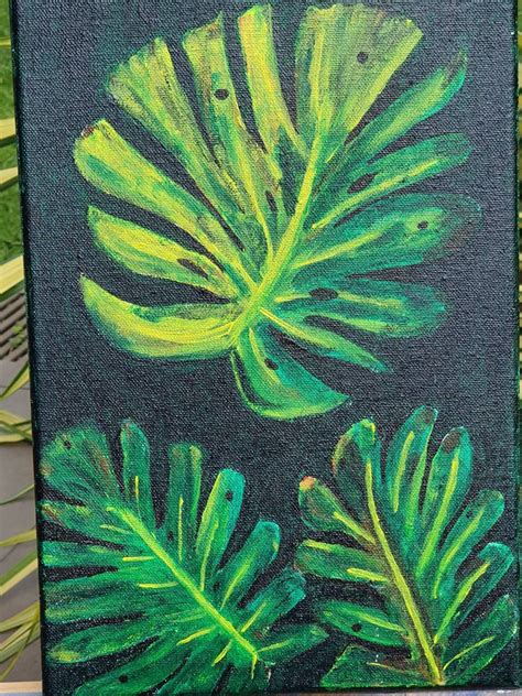 Monstera Leaf Handpainted Acrylic Painting On Stretched Canvas Etsy Uk