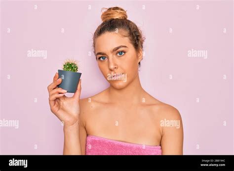 Beautiful Blonde Woman With Blue Eyes Wearing Towel Shower After Bath