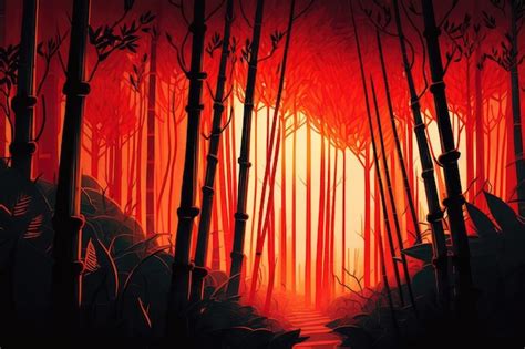 Premium Ai Image Bamboo Forest During Sunset With Orange And Red Hues Illuminating The Sky