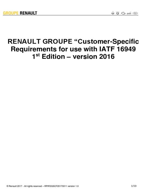 Renault Groupe Customer Specific Requirements For Use With Iatf 16949