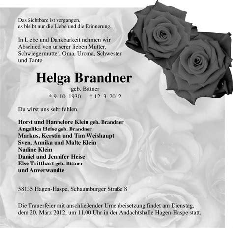 Trauer Und Todesanzeigen Von Helga Brandner Trauer De